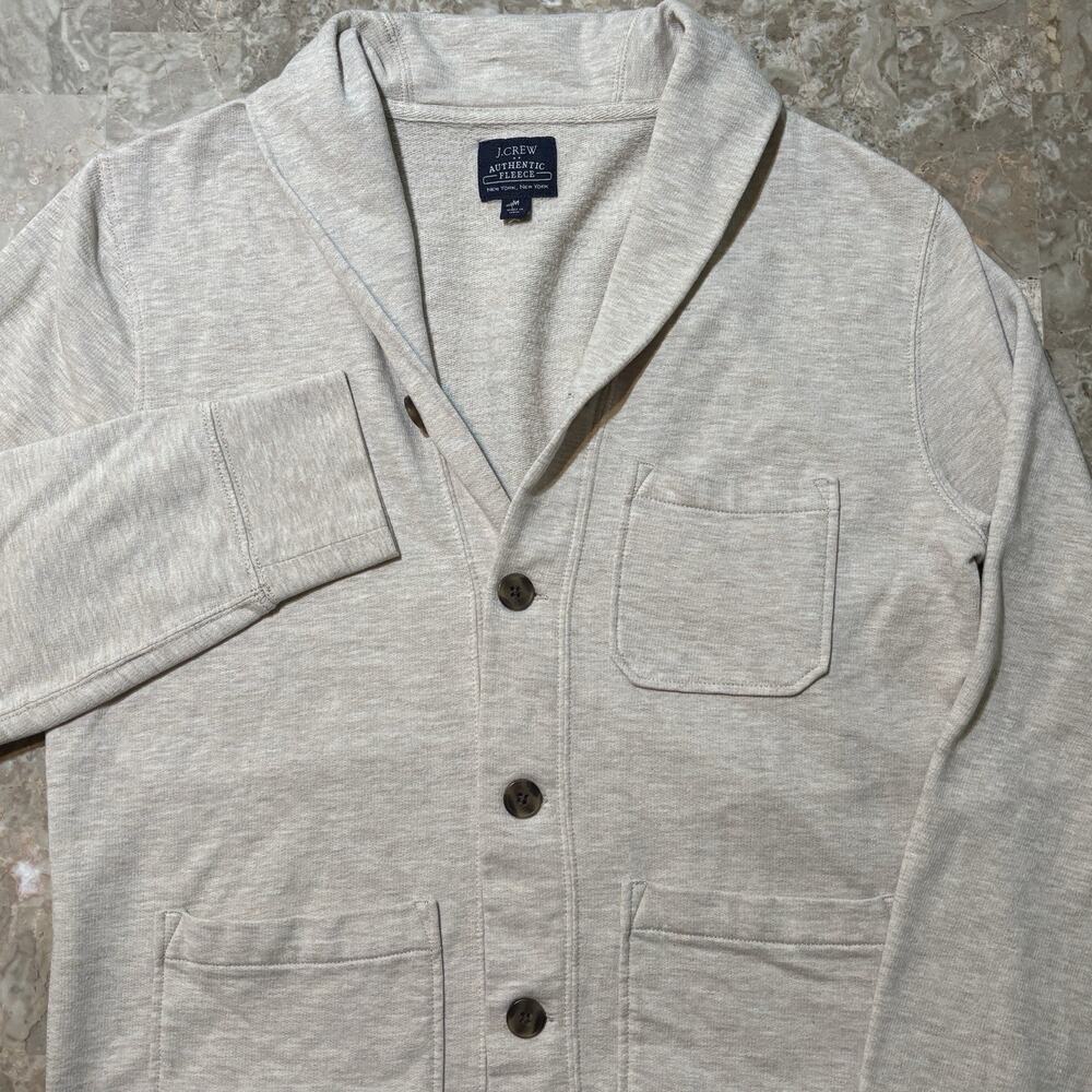 J Crew Cardigan Mens Medium Beige Tan Fleece Shawl Collar Split Pocket BI263